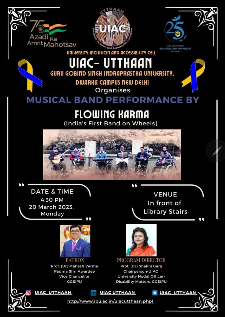 flowing_karma's tweet photo. We Flowing Karma 
(India's First Band on Wheels) hereby extend our gratitude to Prof (Dr) Shalini Garg Chairperson @UIAC_UTTHAAN who has been relentlessly working in the area of Inclusion &amp; Disability to give us the opportunity to Perform on 20th March 2023.

@Chdspinalrehab https://t.co/PmazfZiqmf