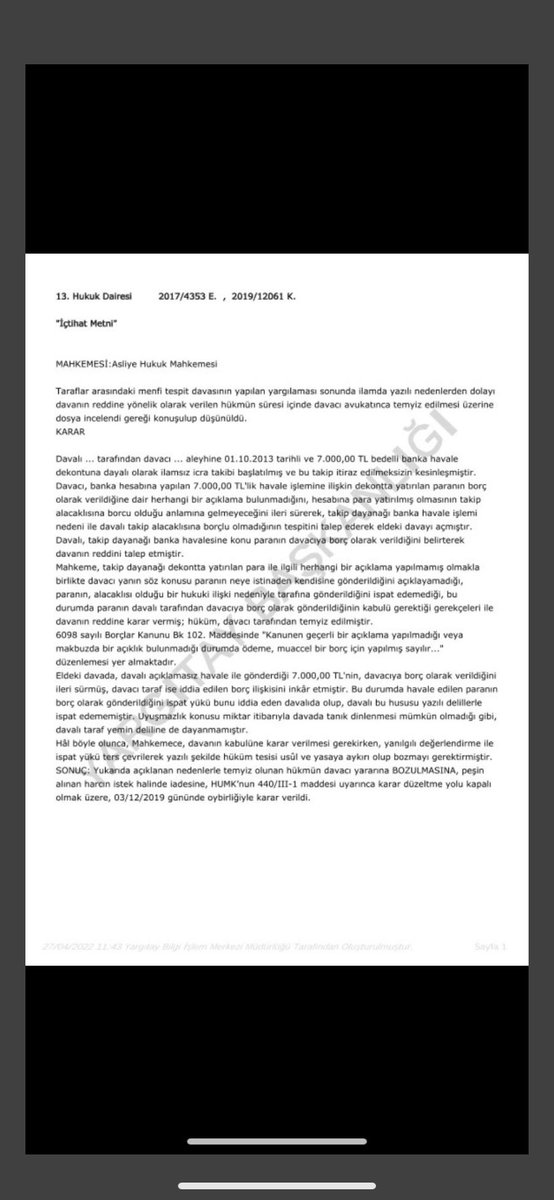 AvTarikCilekci's tweet photo. “..havale edilen paranın borç olarak gönderildiğini iddia eden kişi bunu yazılı delillerle ispat etmekle yükümlüdür…”

Yargıtay 13.Hukuk Dairesi
2017/4353 E. 
2019/12061 K. https://t.co/dTaKWykWYr