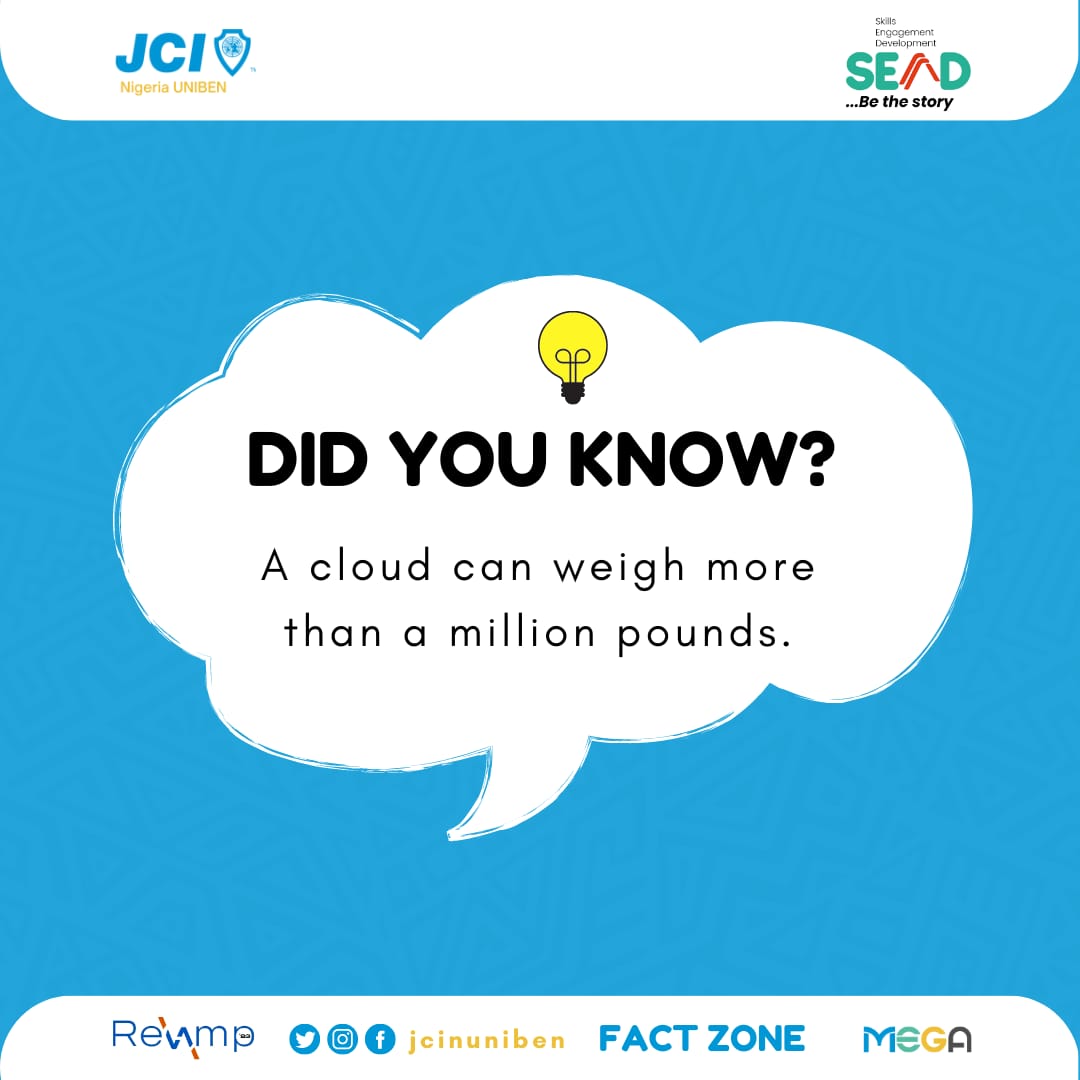 jci_uniben's tweet photo. Just some droplets from the sky that drenches you, you complain.
What if a cloud mistakenly falls on you?
Clouds are not as light and fluffy as they appear.
Researchers have found that a single cloud weighs about 1.1 million pounds.
#FactZone
#JCINUNIBEN
#unibenjaycees https://t.co/fMxg06FUtg