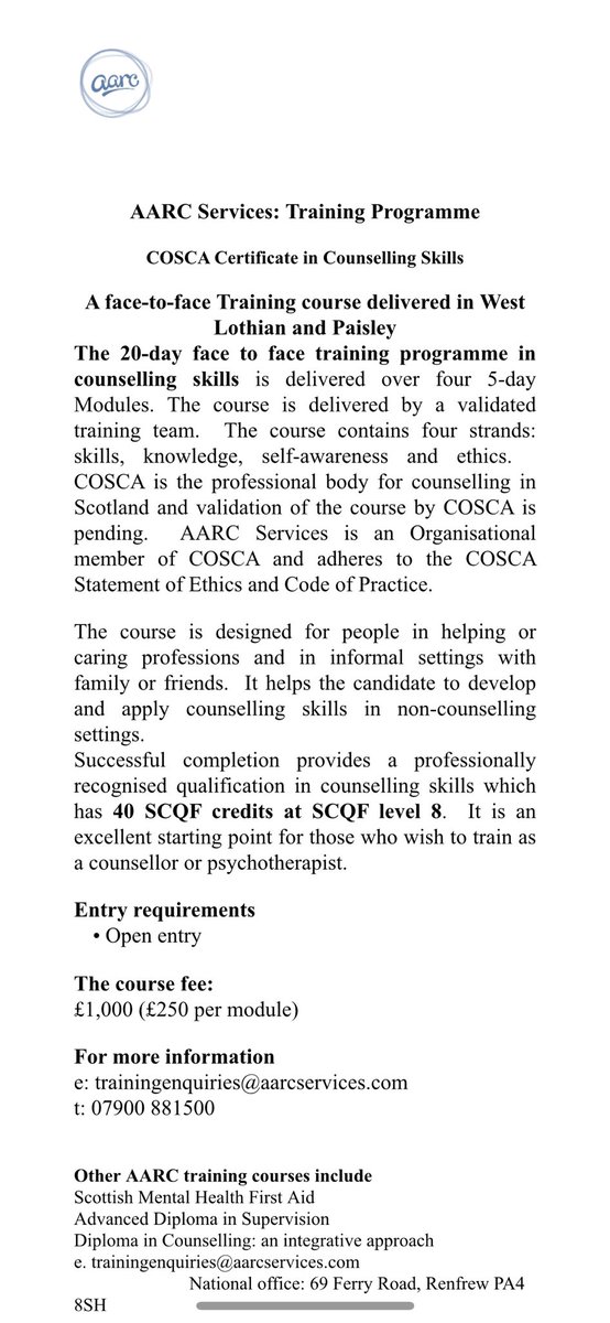 Our COSCA Counselling Skills course starts soon, contact us now for more details. #counselling #mentalhealth #GLASGOW #paisley #livingston