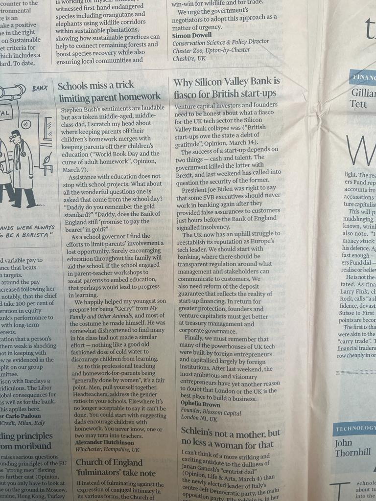 Read <a href="/Ophelia_brown/">ophelia</a> on why VCs and founders need to be more honest about the fiasco the #SVB collapse has been for the UK sector. In a letter in today’s <a href="/FT/">Financial Times</a> she says this will add to the reasons visionary entrepreneurs look elsewhere to launch their startups.