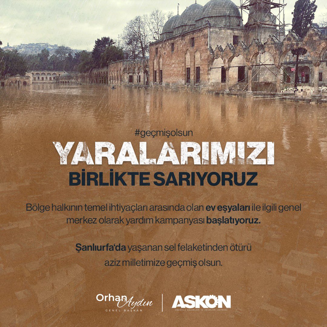 Şanlıurfa‘da yaşanan sel felaketinden ötürü milletimize geçmiş olsun dileklerimizi iletiyoruz.
Bölge halkının temel ihtiyaçları arasında olan ev eşyaları ile ilgili genel merkez olarak yardım kampanyası başlatıyoruz.
Yaralarımızı birlikte saracağız.