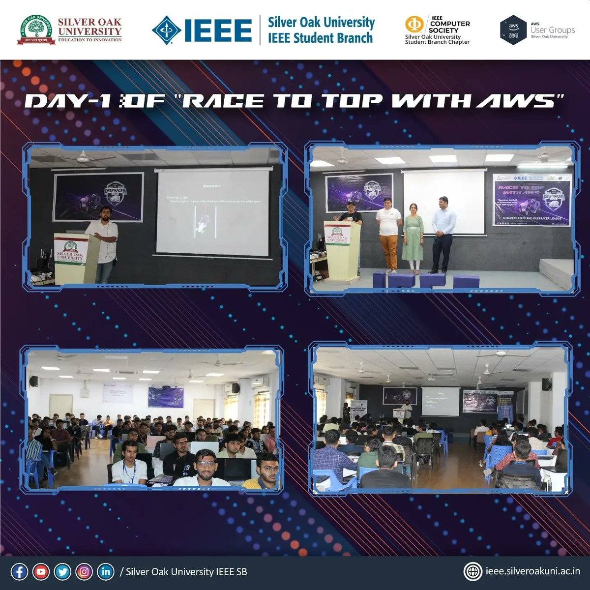 IEEE_SilverOak's tweet photo. A thrilling #AWSDeepRacerLeague - #RaceToTopWithAWS was hosted by #IEEESOUCSSBC &amp; #SOUAWSUG which took place on 14 Mar '23 where students were part of a very informative and educational session and learned about ML and RL. #ieee #sou #souevents #aws #deepracerleague #ieeesousb https://t.co/0iF2NWMd4r
