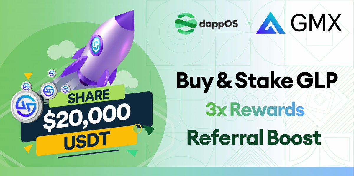 Hi #dappOS family! 👏

Experience <a href="/GMX_IO/">GMX 🫐</a> seamlessly from your #BSC #Optimism #Polygon wallet &amp; share 🏆$20,000!

✅Buy &amp; Stake $GLP
✅Get 3X staking rewards🚀
✅Referral bonus up to $8000🚀

🔚 Apr 7, 8PM (UTC+8)

To participate and learn about $GLP 👇
bit.ly/3TD4JZ7
