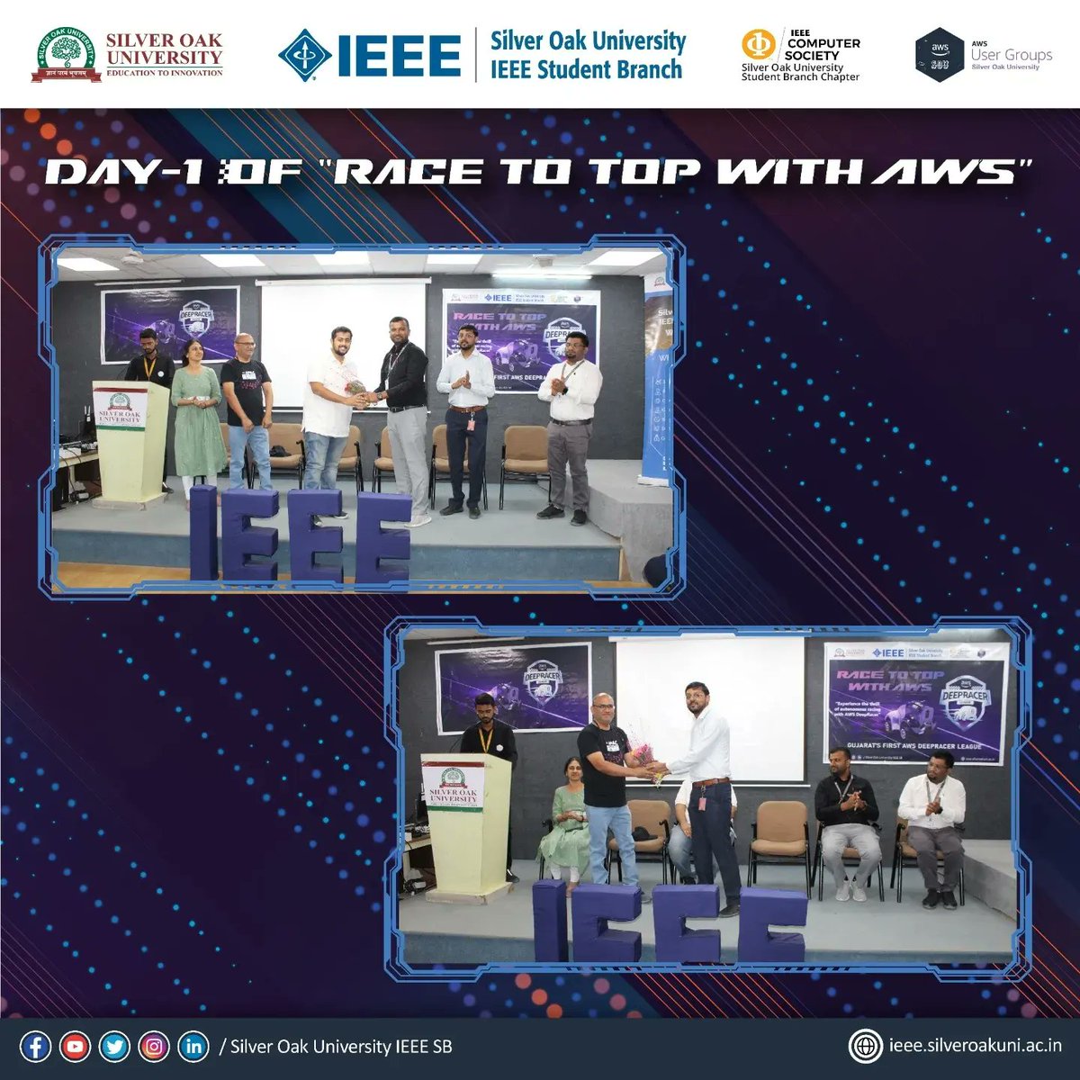 IEEE_SilverOak's tweet photo. A thrilling #AWSDeepRacerLeague - #RaceToTopWithAWS was hosted by #IEEESOUCSSBC &amp; #SOUAWSUG which took place on 14 Mar '23 where students were part of a very informative and educational session and learned about ML and RL. #ieee #sou #souevents #aws #deepracerleague #ieeesousb https://t.co/0iF2NWMd4r