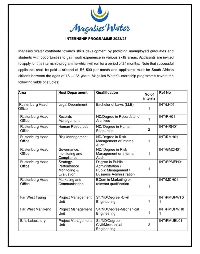 Nkuzi Ya Mananga on Twitter "Magalies Water 📌Internship Programme 2023