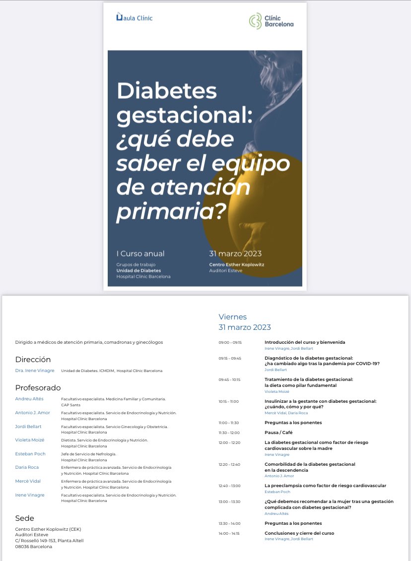 irene_vinagre's tweet photo. 🔝🔝Si estás interesado en la diabetes gestacional, desde el diagnóstico, tratamiento y consecuencias para la descendencia y mujer a largo plazo, este es el curso que estabas esperando! Qué debes saber desde AP? 🔜 31 de marzo @hospitalclinic @toniamor85 @dariaroca @VioletaMoize https://t.co/HqQ2GErUlV