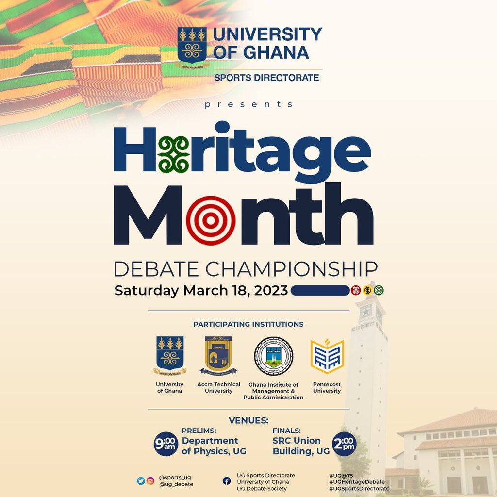 ug_debate's tweet photo. It’s Heritage Month! We are excited to host our friends from Accra Technical University, GIMPA and Pentecost University for our annual Heritage Month Debate Championship.
All are cordially invited! #UGDebate https://t.co/a63OHuZXyu
