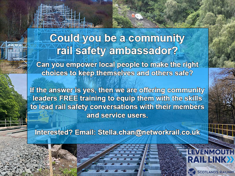 🆕 Ahead of the return of the Levenmouth Rail Link, @NetworkRailSCOT is offering community leaders free training to become community rail safety ambassadors.

👉 If you are interested, email: stella.chan@networkrail.co.uk.

#Leven #Levenmouth #railsafety #LevenmouthReconnected