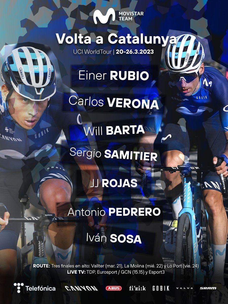 Movistar Team (@movistar_team) on Twitter photo 🚴♂️🏡🟡🔴 Volvemos a casa para la <a href="/VoltaCatalunya/">Volta a Catalunya</a>, que arranca el lunes > bit.ly/GuiaVoltaCat23
Ⓜ️ <a href="/Einerrubio1/">Einer rubio</a> <a href="/Carlos_Verona/">Carlos Verona</a> <a href="/willbarta/">William Barta</a> <a href="/SergioSamitier/">Sergio Samitier</a> Sosa <a href="/jjrojillas/">jose joaquin rojas</a> <a href="/pedrero_antonio/">Antonio Pedrero</a>
#RodamosJuntos | #VoltaCatalunya102 🚴♂️🏡🟡🔴 Volvemos a casa para la <a href="/VoltaCatalunya/">Volta a Catalunya</a>, que arranca el lunes > bit.ly/GuiaVoltaCat23
Ⓜ️ <a href="/Einerrubio1/">Einer rubio</a> <a href="/Carlos_Verona/">Carlos Verona</a> <a href="/willbarta/">William Barta</a> <a href="/SergioSamitier/">Sergio Samitier</a> Sosa <a href="/jjrojillas/">jose joaquin rojas</a> <a href="/pedrero_antonio/">Antonio Pedrero</a>
#RodamosJuntos | #VoltaCatalunya102
