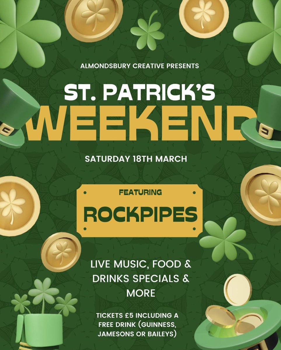 RockPipes's tweet photo. Rockpipes are celebrating St Patrick’s Day on Saturday in Almondsbury near Bristol.  #StPatrickDay #stpaddysday #livemusic #rockpipes #bagpipes #fiddle come and join us! https://t.co/st9DYPDivg