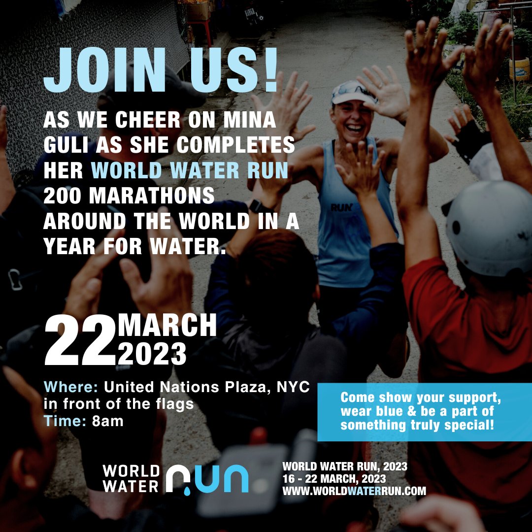 minaguli's tweet photo. On 22 March at 8am I'll finish my 200th Marathon in a year in NYC!! 

I'd love for you to come and celebrate with me, we'll be in front of the flags at the UN Plaza in NYC on #WorldWaterDay. Wear blue &amp; let's show the world that together we can make a difference!

#WorldWaterRun https://t.co/P4g8Q6Q4D8