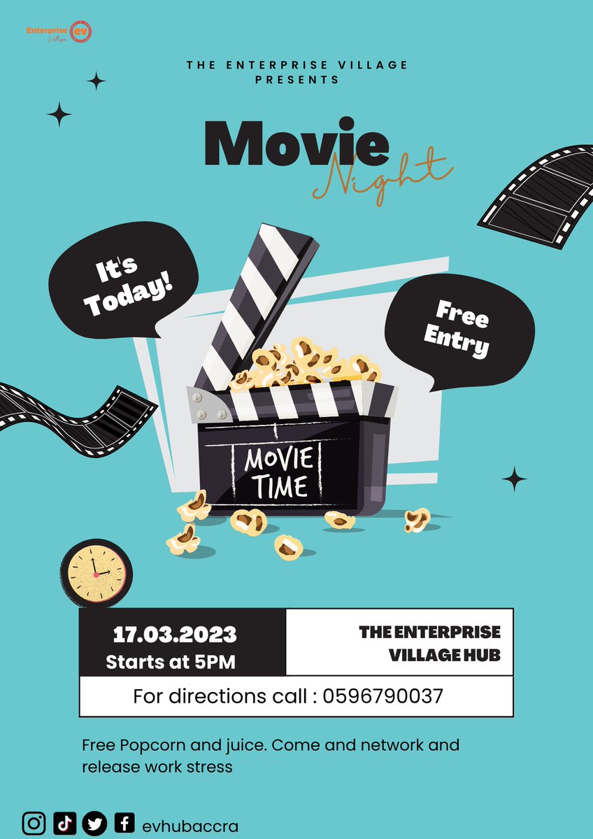EVhubaccra's tweet photo. It's todaaaaaaay! Come along with a friend. There's going to be popcorn and juice. Come and meet like-minded people to network with. See you at 5pm. 
#FridayVibes #movienight #evhubaccra #dzorwulu #Anas #startupfounders #networkandchill #funnight https://t.co/yvtqBgTyvq
