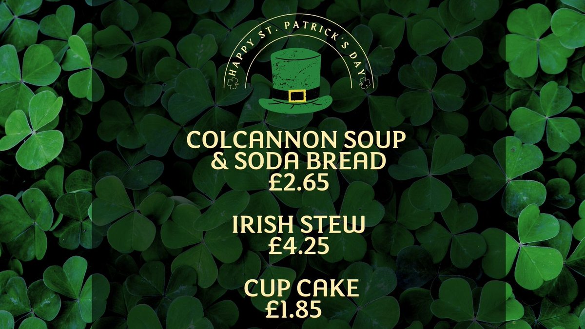 Happy St Patrick's Day from Campus Eats. To celebrate we have some traditional Irish delights available across our many venues today - why not try Irish Stew or Colcannon soup and soda bread!