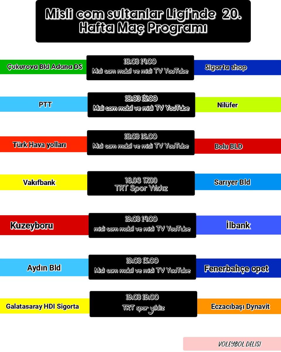 sesq_ssev's tweet photo. https://t.co/St8akolZne sultanlar ligi'nde 2️⃣0️⃣.Hafta maç programı
#mislicom https://t.co/BXfrqdKjfQ