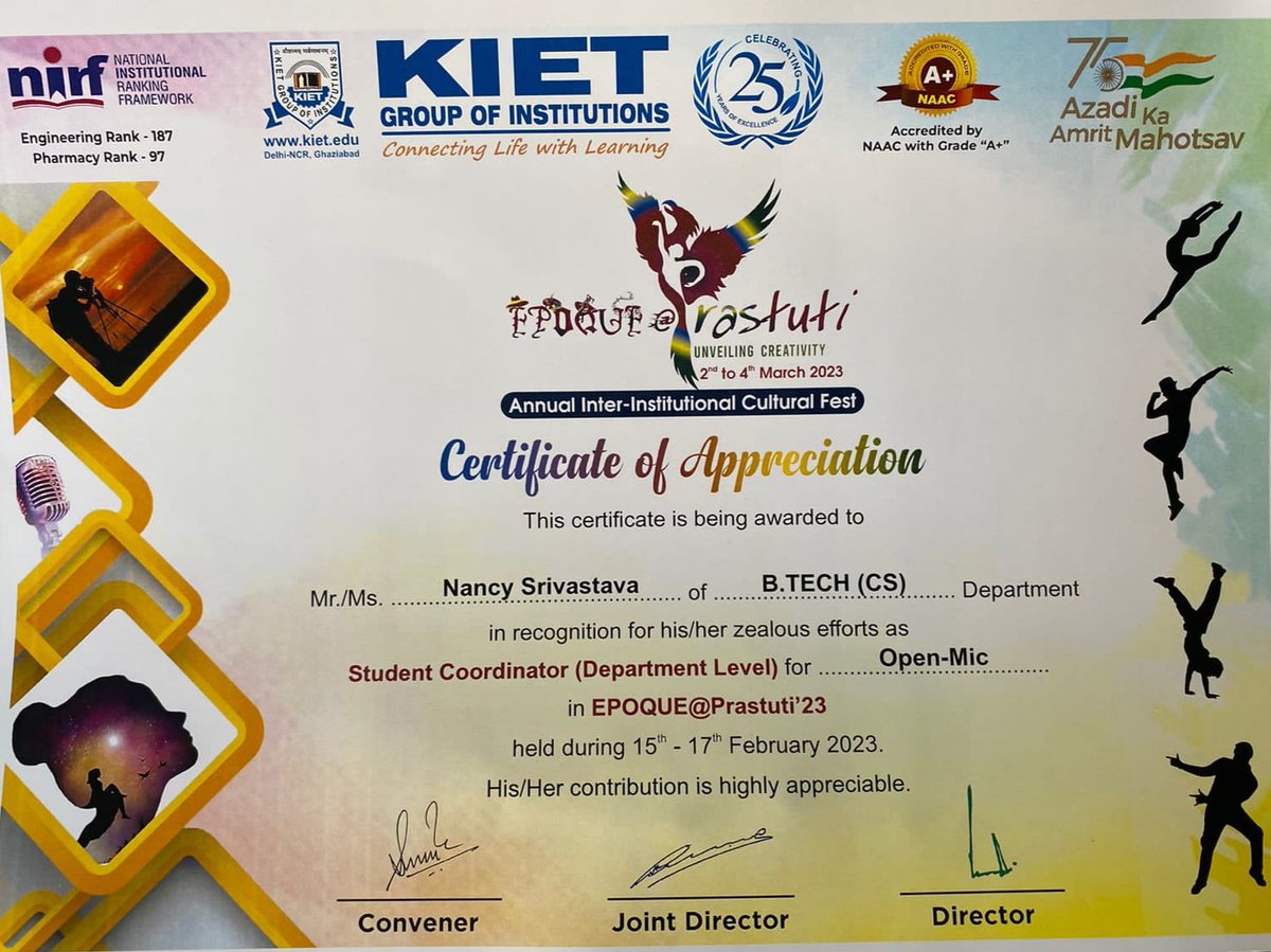 nansri108's tweet image. Hello Everyone ✨
I am happy to share you that I got the opportunity to manage the event epoque departmental 15th-17th February 2023 as "student coordinator" in "open mic" .
#open_mic
#Management 
#skills
#softskills
#Kiet #Epoque