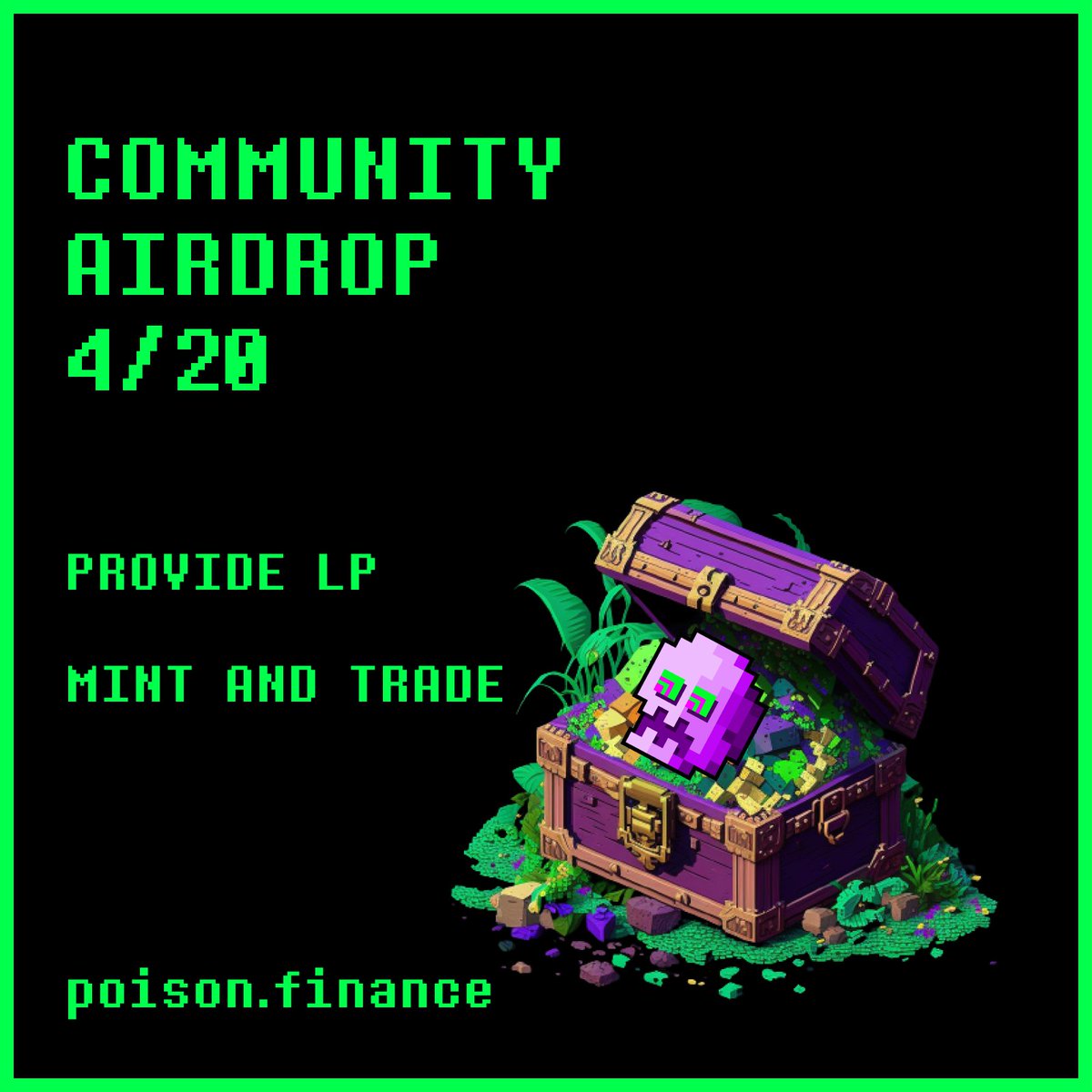 PoisonFinance's tweet image. POISON Airdrop is coming!

1. Providing pool liquidity 🧪🍄
2. Trading pAssets ☣️
3. Minting pAssets ☢️

Donated by team acquired tokens. 

Retweet this tweet for a chance at 100 $POISON.
