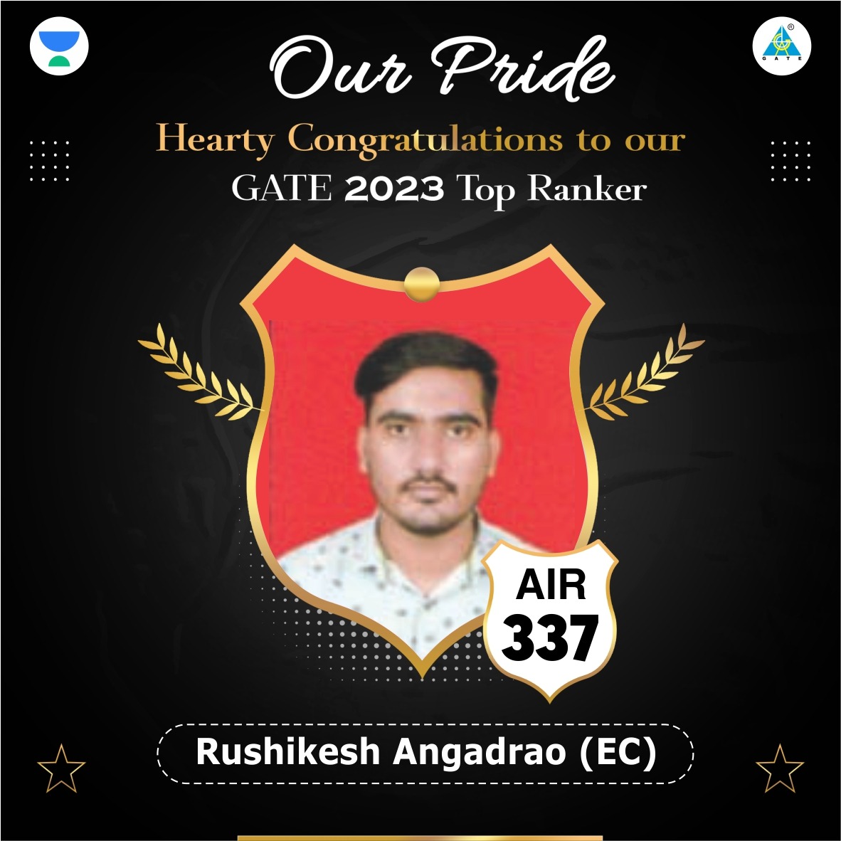 gate_academy's tweet image. Hearty Congratulations to our Top Ranker, Rushikesh Angadrao for securing 🏆AIR-71 (IN) &amp;amp; AIR-337 (EC)🏆 in GATE 2023. We wish you All the Best in your future endeavour. 🎉👏✌️