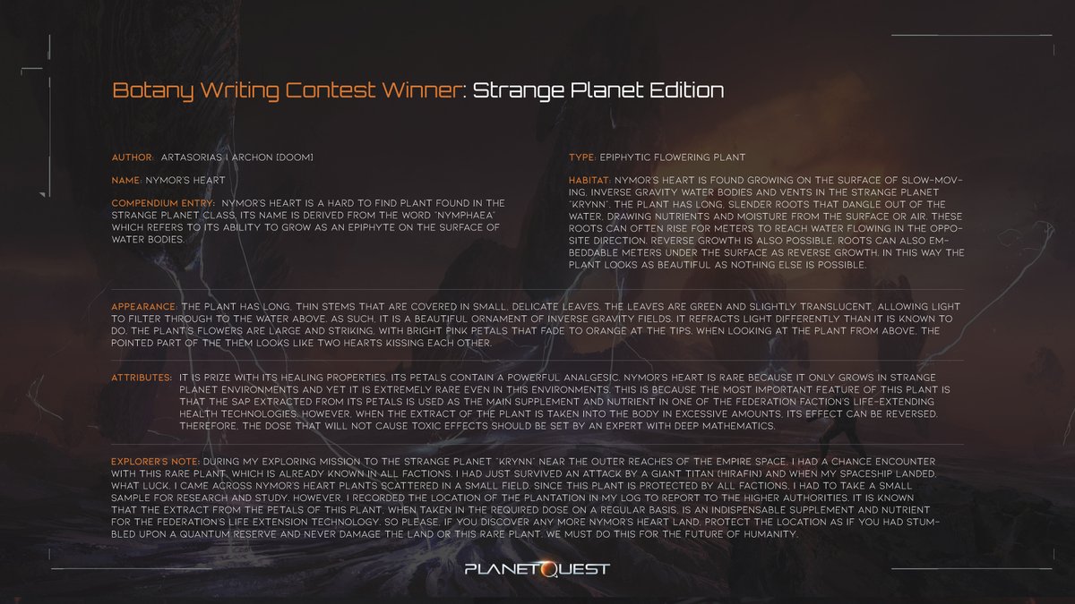JoinPlanetQuest's tweet photo. #PQFanContent Spotlight! 🚀
Once again, we have one writer to rule them all 💪 Artasorias won both the Bestiary and the Botany writing contest last week. A healing plant and a terrifying creature…
Let’s just hope you find Nymor's Heart before the Hirafin finds you 😈 https://t.co/cLMSo8xXt0