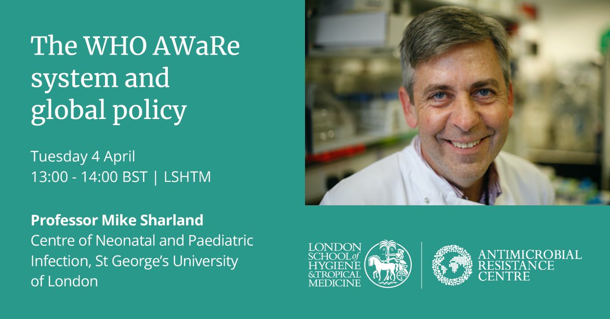 LSHTM AMR Centre (@lshtm_amr) on Twitter photo In our next #AMR seminar, we'll be joined by Prof Mike Sharland from <a href="/StGeorgesUni/">St George's, University of London (1752-2024)</a> to discuss the <a href="/WHO/">World Health Organization (WHO)</a> AWaRe system and its potential role in future AMR policy development 👏
🗓️ 4 April
⏰13:00 - 14:00 BST
📍 LSHTM & Online (free and open to all)
➡️lshtm.ac.uk/newsevents/eve… In our next #AMR seminar, we'll be joined by Prof Mike Sharland from <a href="/StGeorgesUni/">St George's, University of London (1752-2024)</a> to discuss the <a href="/WHO/">World Health Organization (WHO)</a> AWaRe system and its potential role in future AMR policy development 👏
🗓️ 4 April
⏰13:00 - 14:00 BST
📍 LSHTM & Online (free and open to all)
➡️lshtm.ac.uk/newsevents/eve…
