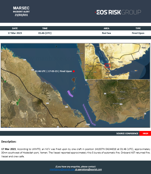 Maritime Security Incident Alert 🚨

Vessel fired upon in the Red Sea ~30nm southwest of #Hodeida, #Yemen

#security #middleeast #maritime #maritimesecurity #maritimeindustry #shipsandshipping #shippingindustry