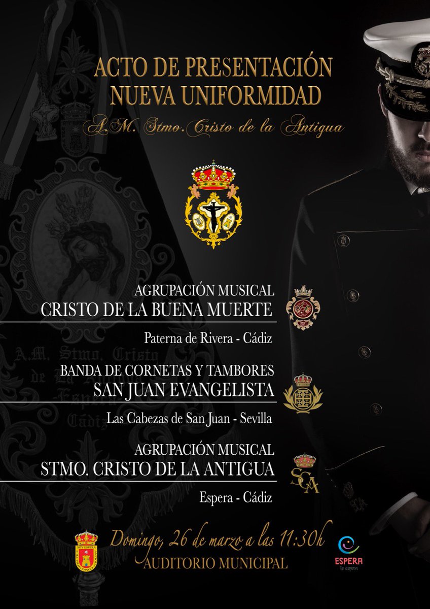 🗓️ 𝐂𝐎𝐍𝐂𝐈𝐄𝐑𝐓𝐎 𝐄𝐍 𝐄𝐒𝐏𝐄𝐑𝐀

El próximo domingo 26 de marzo actuaremos en el certamen de bandas organizado por nuestros compañeros de <a href="/MusicalStmo/">A.Musical Stmo Cristo de la Antigua</a> 

📍Auditorio municipal de Espera
🕒 A partir de las 11:30 h

#suenasanjuanevangelista #lamúsicadelpadre #cuaresma