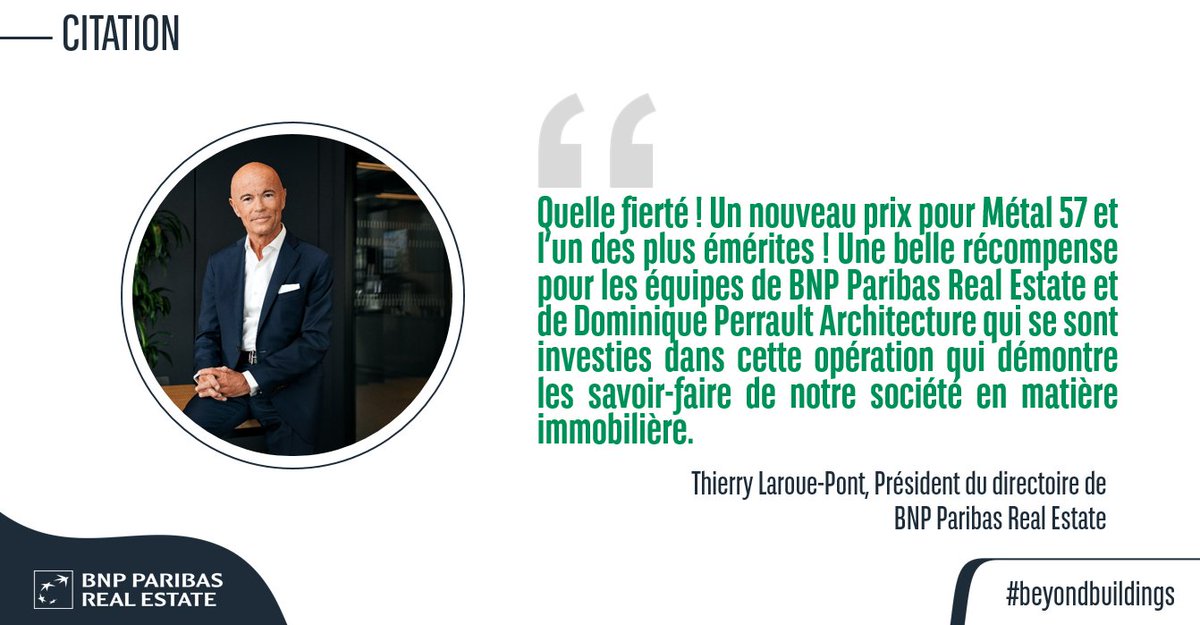 BNPPRE_FR's tweet photo. 📰 L'immeuble Métal 57, développé par BNP Paribas Real Estate, a remporté le prestigieux Mipim Award dans la catégorie Best refurbished building. #MIPIM2023 #MIPIMAwards
#BeyondBuildings
➡️ https://t.co/PVsgNcXSbM https://t.co/t4wu6Nq0iQ