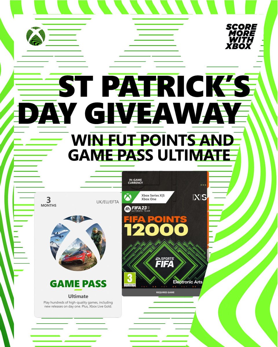 GAMEdigital's tweet image. Celebrating #StPatricksDay with @XboxIE_Official 👏

☘️ RT + follow us &amp;amp; @XboxIE_Official to win:

🎫 12,000 FIFA Points
🎮 3 Months of Xbox Game Pass Ultimate

T&amp;amp;C's apply: bit.ly/3yoUj5Q
Ends: 11:59pm GMT 19/03/2023 
#ScoreMoreWithXbox