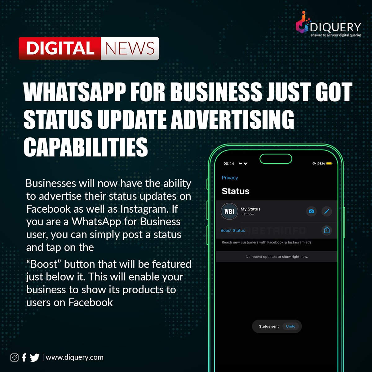Diquerydigital's tweet image. This update will enable businesses to advertise their Status Updates.

#whatsapp #whatsappupdate #BoostButton #FacebookUsers #whatsappbusiness #whatsappbusinessupdate #StatusUpdate #whatsappadvertising #Marketingstrategy #DigitalNews #DiqueryDigital