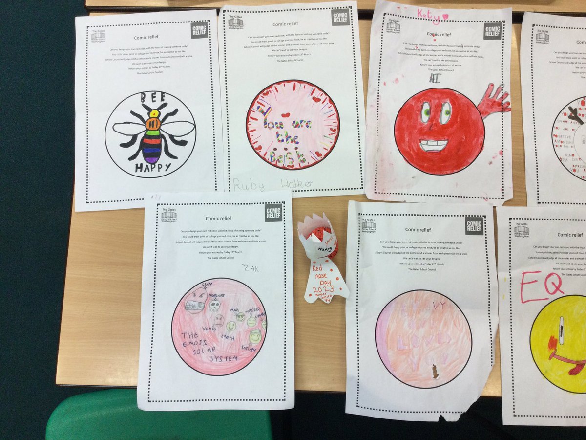 GatesStarlings's tweet photo. As part of Comic Relief, children were asked to design their own red nose, with the focus of making someone smile! Look at all of our fantastic entries! @comicrelief @Gatescouncil #TheGatesSMSC https://t.co/k4a9j3Puag