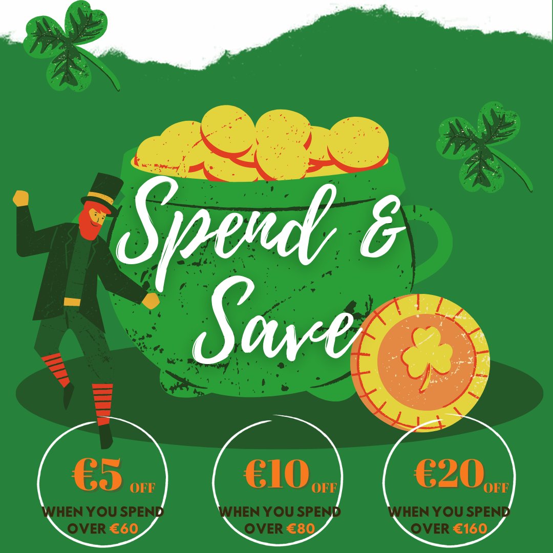 CoffeeClick_Ire's tweet photo. ☘️ Happy St. Paddy's Day everyone! ☘️

Enjoy the luck of the Irish this weekend with our Spend &amp; Save offer! 🌈

SPEND €50+ &amp; Use code 'save5' - €5 OFF 
SPEND €80+ &amp; Use code 'save10' - €10 OFF 
SPEND €160+ &amp; Use code 'save20' - €20 

Shop now: https://t.co/AJjo8ND01Q https://t.co/op7xLTJfub