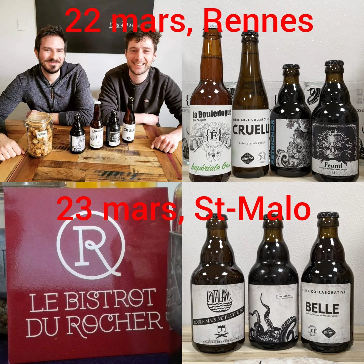 BrasserieEtre's tweet photo. Pour rappel, en before du @StMaloCraftBeer, nous organisons deux événements mets et bières chez et avec deux artisans du goût.
- le 22 mars à Rennes au restaurant Fezi
- le 23 mars à Saint-Malo au Bistrot du rocher.
Toutes les infos dans les commentaires.
Santé !! 🍻🍻🍻 https://t.co/4V0VUjDpw1