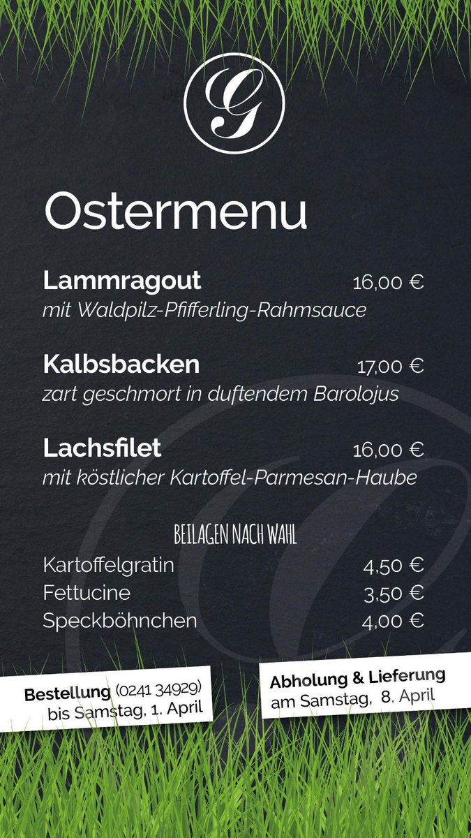 Ostermenu 2023
für Samstag den 08.04.23
Auch Lieferung möglich.