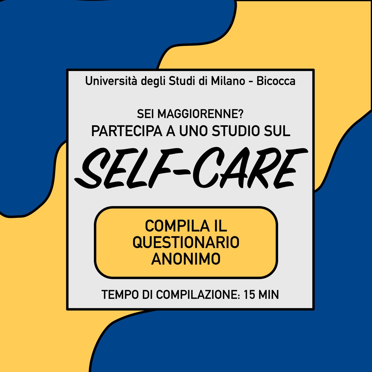 Self-care e promozione della salute. Vuoi aiutarci a conoscerne di più e studiare soluzioni <a href="/unimib/">Università degli Studi di Milano-Bicocca</a>? Partecipa seguendo il link bit.ly/3z6OScn o diffondi questa iniziativa, grazie!