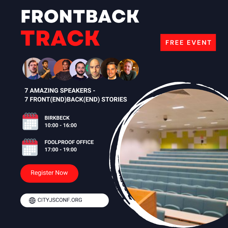 cityjsconf's tweet photo. This March we got events to get you warmed up #Frontback track with 7+ speakers
@gethackteam
@italojs_
@lauragift_
@IObert_
@motleydev
@tpiros
@sorenbs
2⃣ Locations - @BirkbeckUoL and @Foolproof_UX https://t.co/dk5fT8y08w