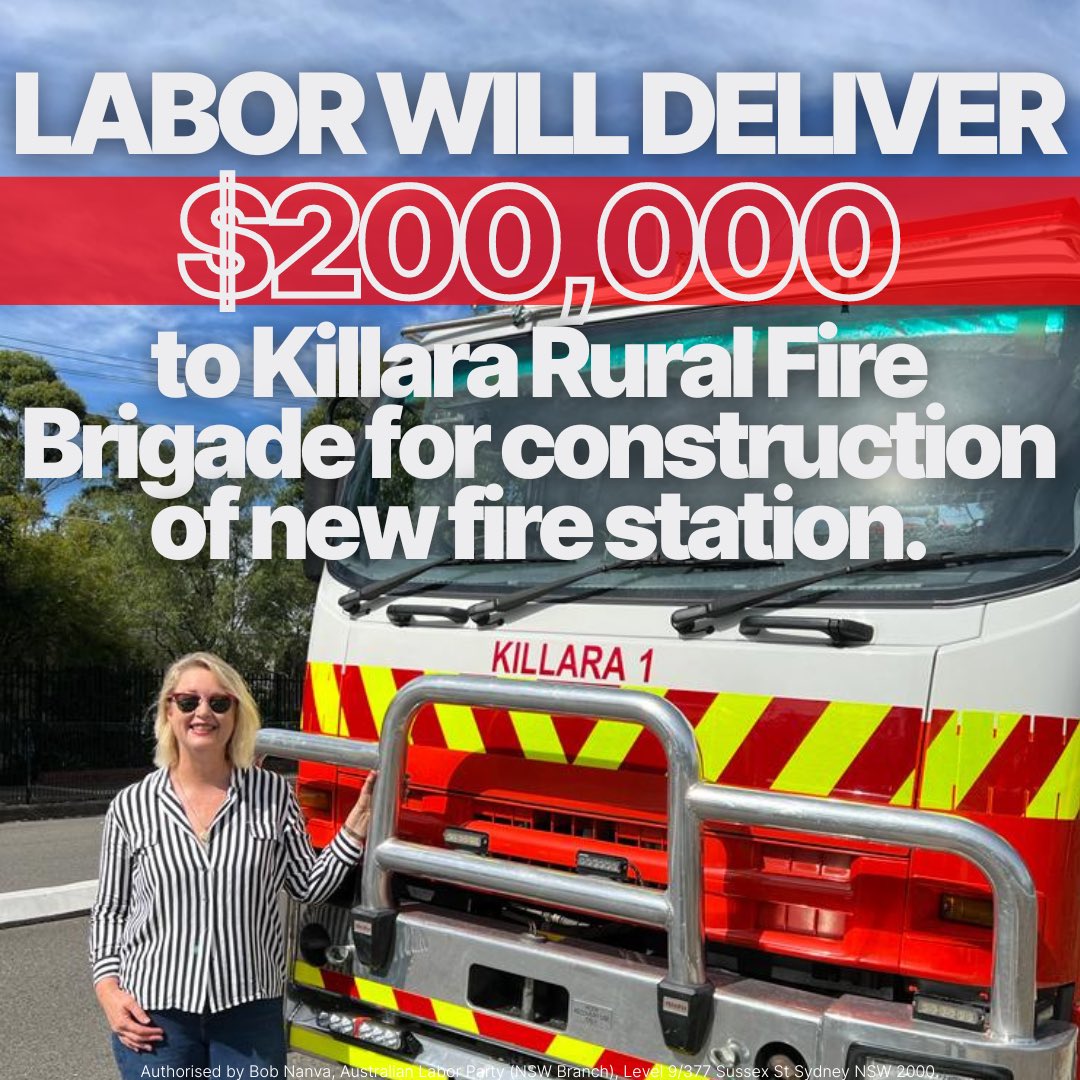 Labor4Davidson's tweet photo. Win for Killara RFS!
If elected to govern, NSW Labor will deliver $200,000 to Killara Rural Fire Brigade for the construction of a new fire station at Koola Park.
https://t.co/6rYXVWFDTH
#NSWVotes #DavidsonVotes https://t.co/0aQP5Ex2vn