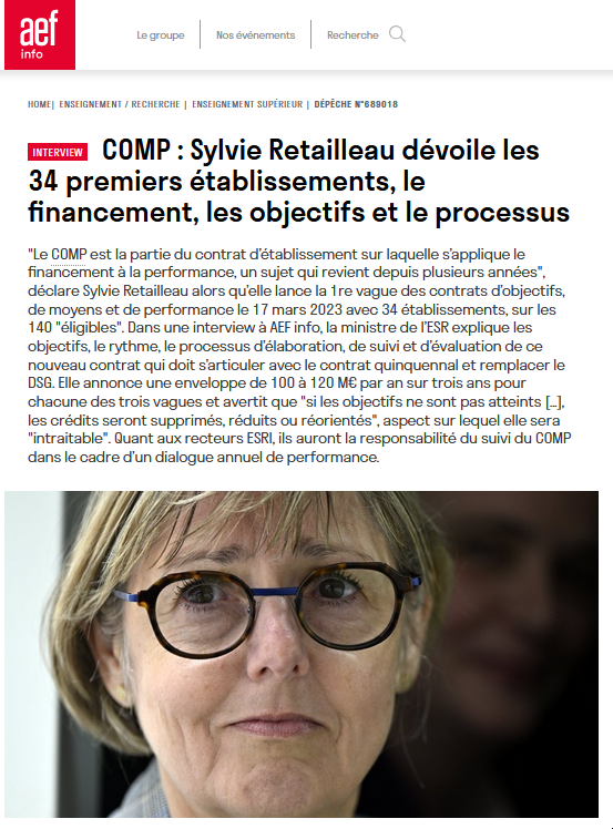 #Exclusif COMP : Sylvie Retailleau <a href="/sretailleau/">Sylvie Retailleau</a>, ministre de l'#ESR, dévoile les 34 premiers établissements qui expérimenteront ces nouveaux contrats, ainsi que le #financement, les objectifs et le processus, dans une interview à <a href="/AEFsuprecherche/">AEFsuprecherche</a> 
 aefinfo.fr/depeche/689018
