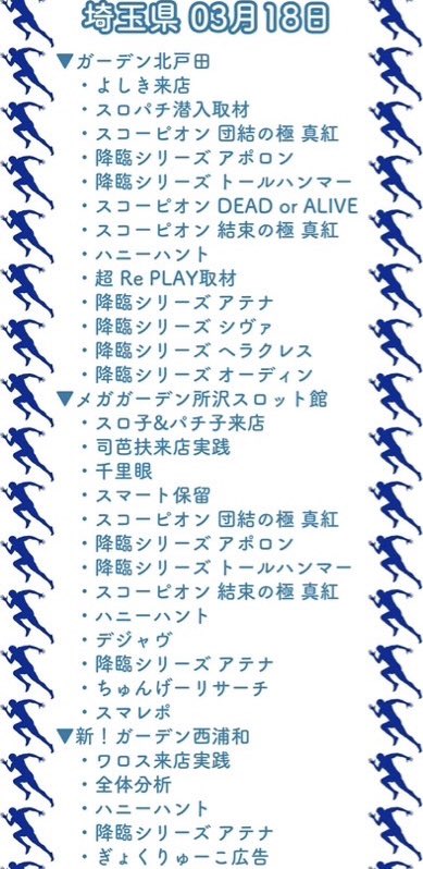3/18🍯ガーデン合同ハニーハント🍯
公約のおさらい📝
🍡6.5スマスロに3台並び❺❻が複数
💥3台設置以上に全❺❻アリ📌
開催店舗はこちら💁♂️
✅北戸田 ✅西浦和
✅八潮 ✅北与野
✅川口安行 ✅所沢スロ館
✅北朝霞 ✅桶川
✅春日部 ✅浦和
✅川越
スマートガーデンの全は🍅?w