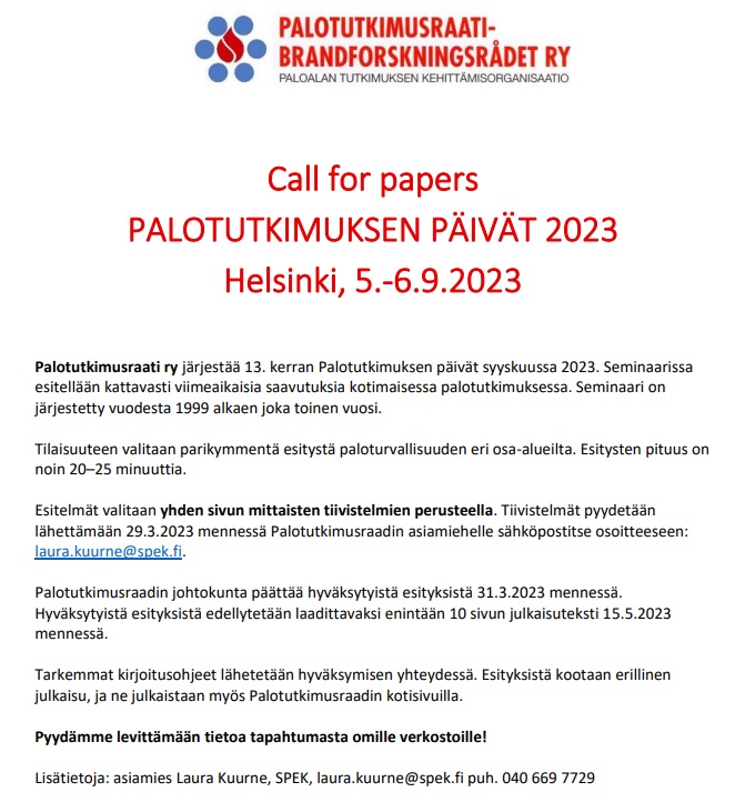 PalotutkraatiRy's tweet photo. Vielä ehtii lähettää tiivistelmiä Palotutkimuksen päiville! Palotutkimusraati on päättänyt pidentää määräaikaa 29.3. asti. #palotutkimus #PTP23 https://t.co/stbSXwuJs2