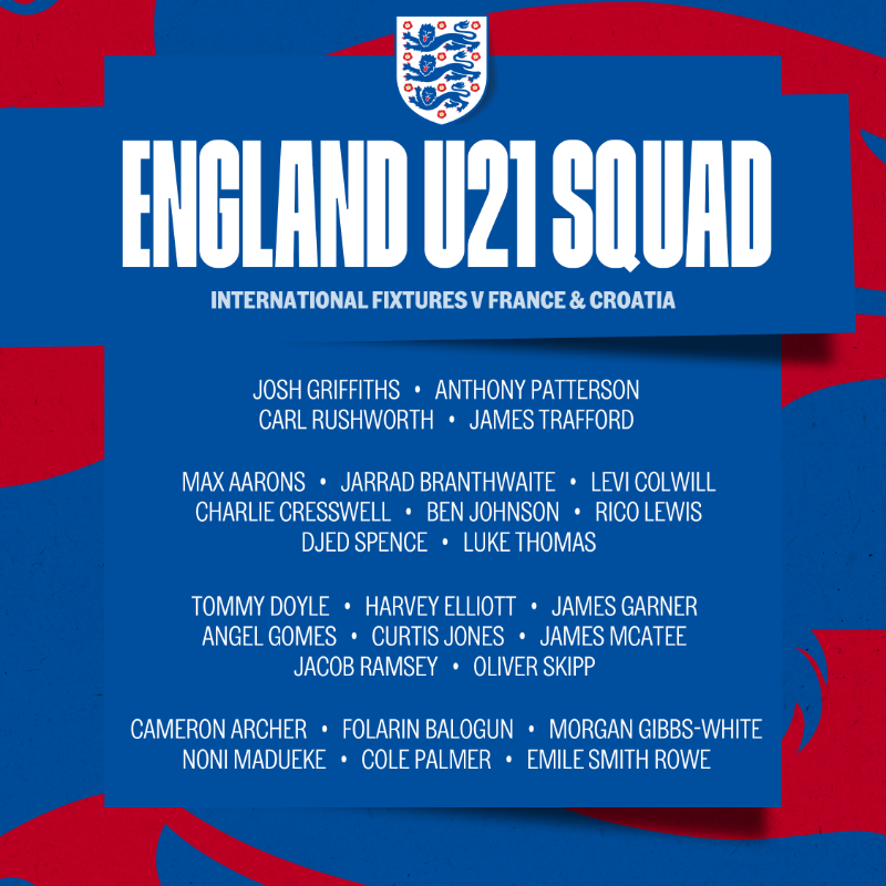 England's tweet photo. Lee Carsley has picked 26-man #YoungLions squad for March, as preparations continue for this summer's #U21EURO finals 🏴󠁧󠁢󠁥󠁮󠁧󠁿