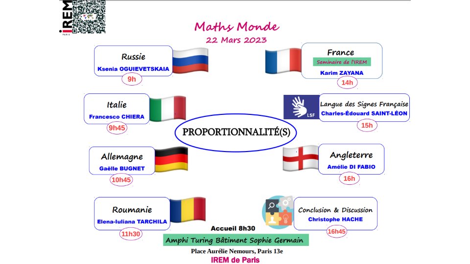 📢Mercredi 22 mars de 9h à 1-h45 l'#IREM de Paris organise une journée #MathsMonde sur le thèmes des Proportionnalité. Le programme est disponible ici👇 docs.irem.univ-paris-diderot.fr/up/Journ%C3%A9…