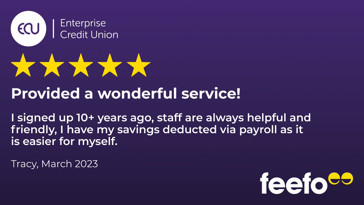 #FeefoFriday
This is what we do everyday.......! for everyone!
Find out more on how as an Employer and your Employees can benefit and be part of our excellent company Enterprise Credit Union #FinancialWellbeing #FinancialResilience #StaffBenefit
lnkd.in/eSNMaFj5