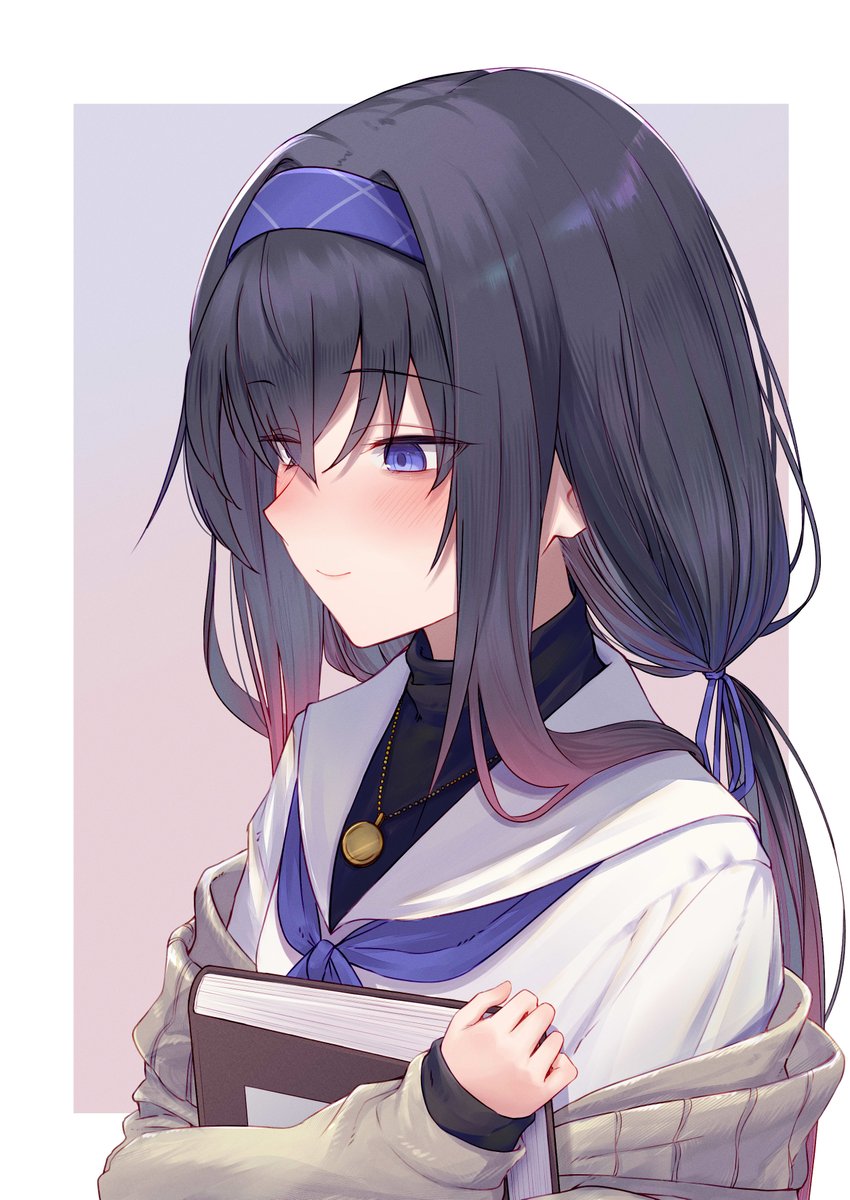 ui (blue archive) 1girl solo long hair hairband black hair book blush  illustration images