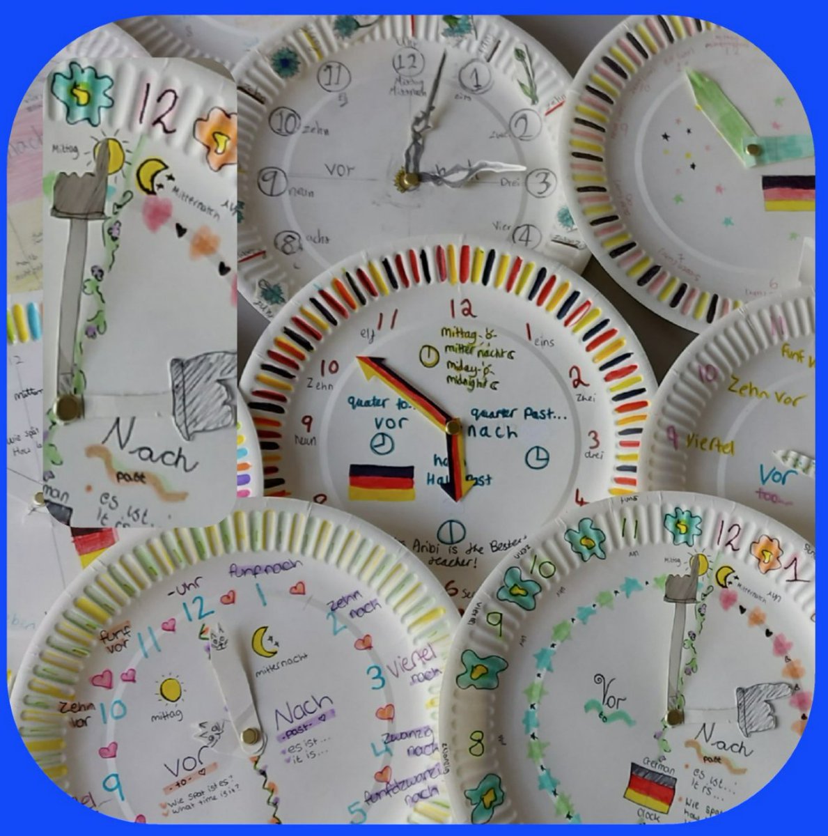 <a href="/AshfordMFL/">Ashford MFL</a> 🇩🇪 Frau Aribi's year 8 Germanist made beautiful clocks. By including a kinesthetic task, our students explore their creative side that will help them recall key vocabulary and read the time with ease. #CreativeMinds #InspiringMinds #LoveGerman