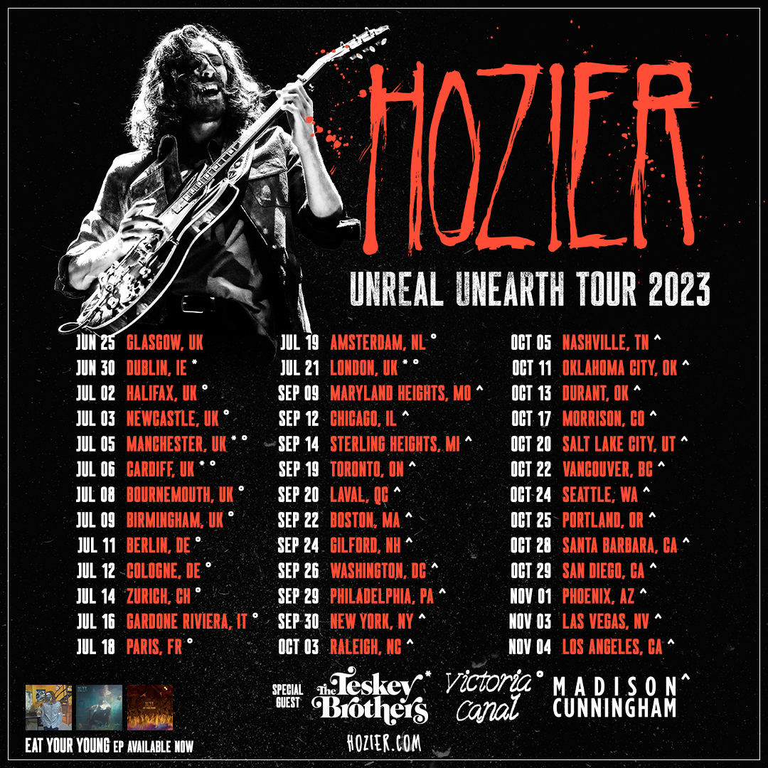 The #EatYourYoung EP is out today and marks my first release of 2023 followed by #UnrealUnearth in late summer.
 
It’s a gift to be able to also announce tour dates for this fall and to share these songs, which offer a sample of more to come.

🖤 hozier.lnk.to/EYY