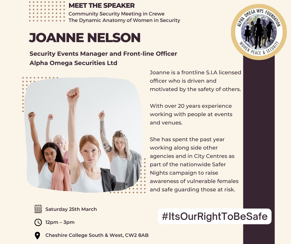 alphaomegaWPS's tweet photo. What a pleasure to announce that Joanne Nelson will be our guest speaker! She is a frontline S.I.A licensed officer who is driven and motivated by the safety of others. Her work focuses on reducing the risks and making our world a safer place for everyone. 
#ItsOurRightToBeSafe https://t.co/siWpFMErg9