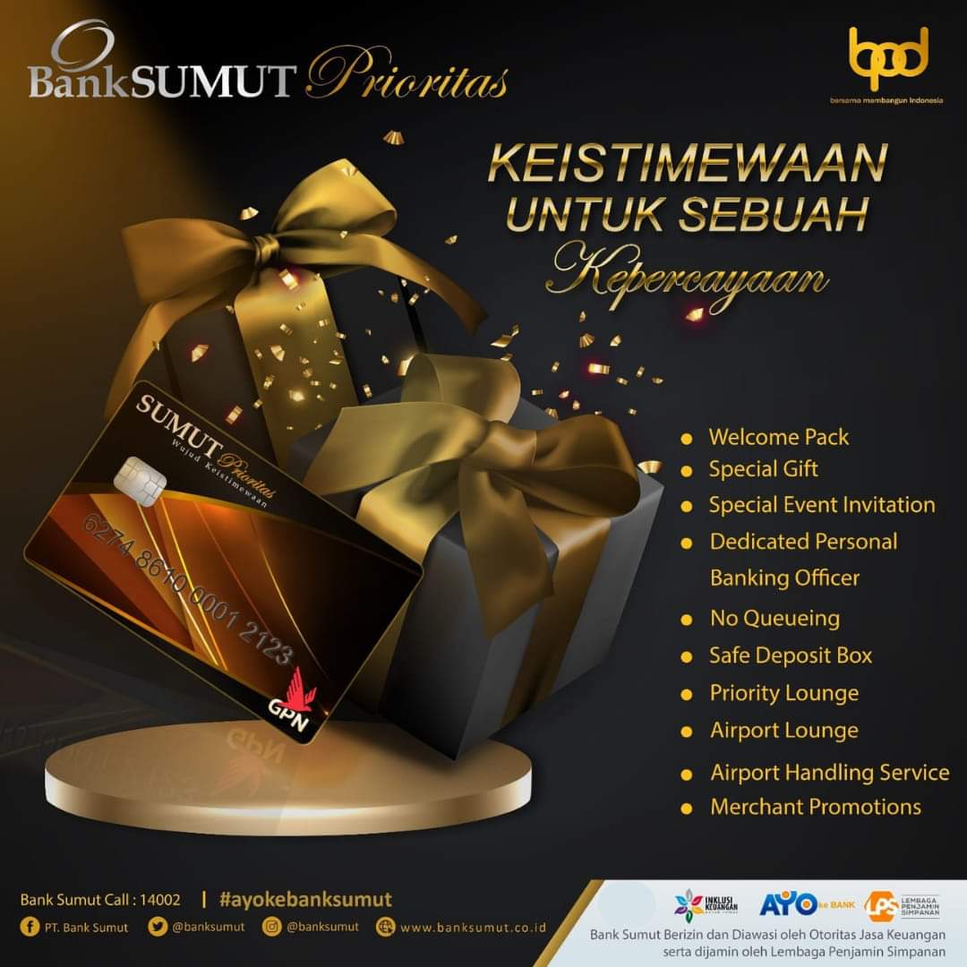 Nikmati layanan Prioritas dengan berbagai fasilitas menarik sebagai wujud keistimewaan seperti Welcoming Pack, Special Gift, Special Event Invitation serta layanan eksklusif lainnya.

Priority Banking Officer Bank SUMUT siap memberikan pelayanan terbaik.

#banksumutprioritas