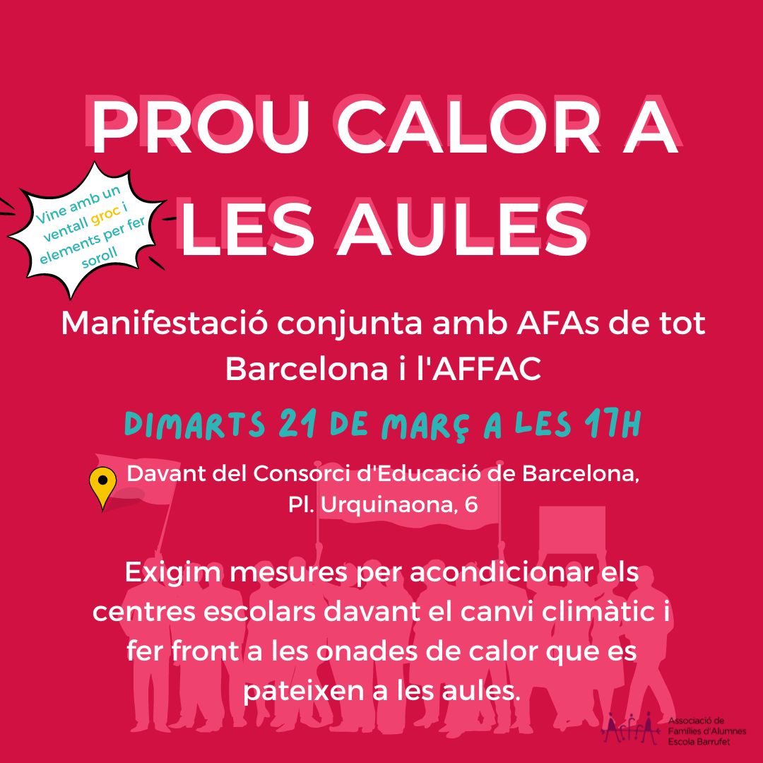AfaBarrufet's tweet photo. ⚠️ PROU CALOR A LES AULES ⚠️ 

Ens mobilitzem dimarts 21 de març a les 17h.

🥵🥵 S'acosta l'estiu i no volem que es repeteixi la situació que vam patir l'any passat. No pot ser que alumnes i mestres hagin d'estudiar a unes temperatures insuportables.

#educacióPública #prouCalor https://t.co/T14zCWdCA1