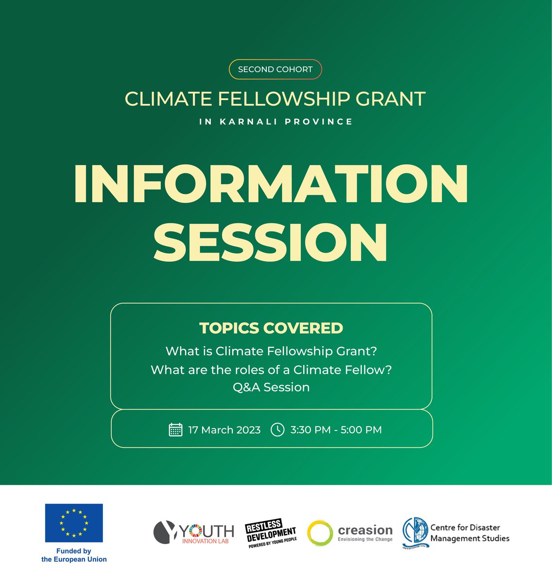 📢 Happening Now 
Join the information session today from 3:30-5:00 PM to learn more about Climate Fellowship Grant 2023.

🔗Meeting Link: bit.ly/3JMVBha
 
#TheYouthCan #climatefellowship #climatefellowshipgrant #bipadlocalization #ldcrp #Karnali