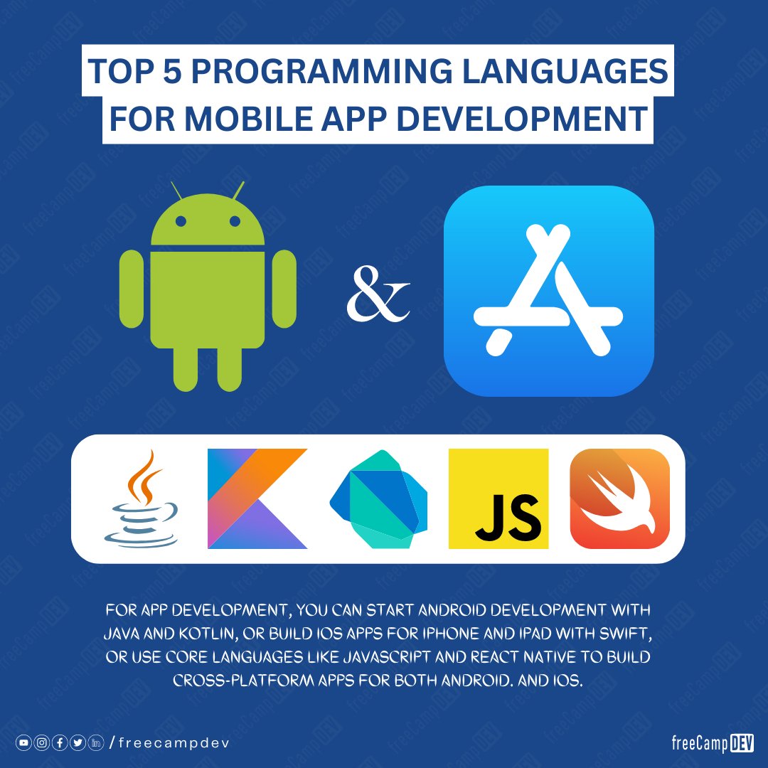 freecampdev's tweet photo. For app development, you can start Android development with Java and Kotlin, or build iOS apps for iPhone and iPad with Swift, or use core languages like JavaScript and React Native to build cross-platform apps for both Android and iOS. 

#android #ios #mobile #development https://t.co/EiHBRqdYOT